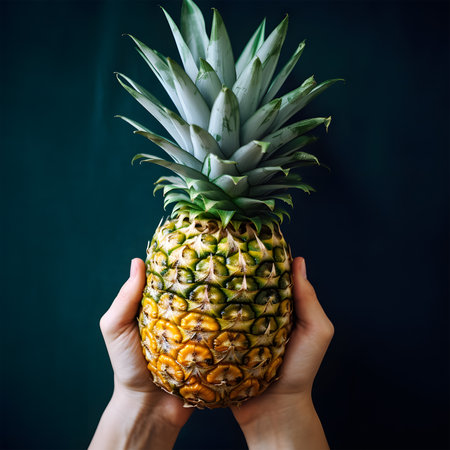 fuzzy background. showing a pineapple in a woman's hand. against dark wallの素材