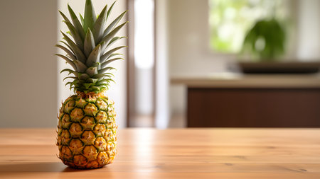 pineapple sitting on a wooden tableの素材