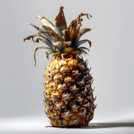 rotten pineapple sitting on white table with white backgroundの素材