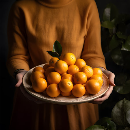 a dimly lit. open photograph of a woman holding a tray of orangesの素材