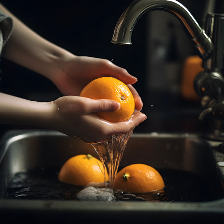 oranges are being washed under the sink in a kitchen sinkの素材