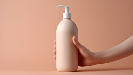 hand holding a white container for soap against a peachy pink wallの素材