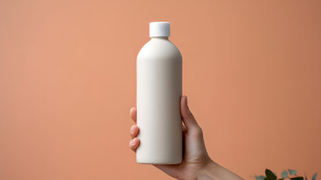 hand holding a white container for soap against a peachy pink wallの素材