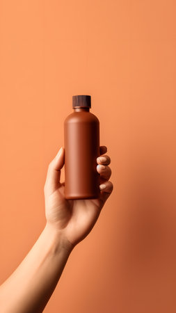 hand holding a brown bottle of cosmetic against brown backgroundの素材