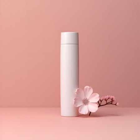 perfume and flower placed on surface against pink backdropの素材