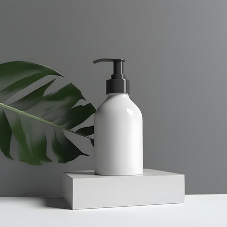 an image of a bottle sitting next to a green leaf on a shelfの素材