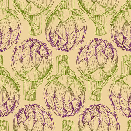 Hand drawn artichoke. vector seamless pattern. For kitchen design, food packaging, textiles.のイラスト素材