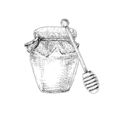 Hand drawn honey jar and wooden honey dipper isolated on white background. vector illustration.のイラスト素材