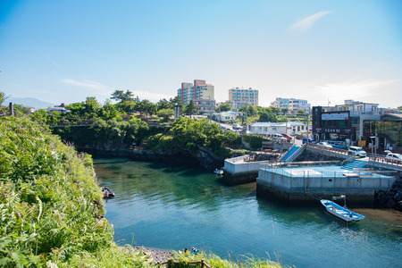Suspension bridge near the Yongduam Dragon Head Rock, Jeju Island, Koreaのeditorial素材