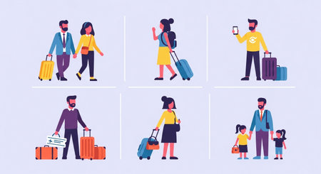 Set of people with suitcases. Flat vector illustration. People with luggage.の素材