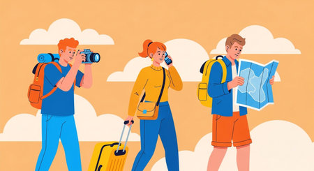 Tourists with map and camera. Vector illustration in flat cartoon styleの素材