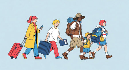 Traveling people with luggage. Hand drawn vector illustration in cartoon style.の素材