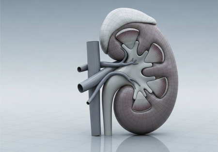 Human kidney anatomy on a gray background. 3d render illustration.の素材