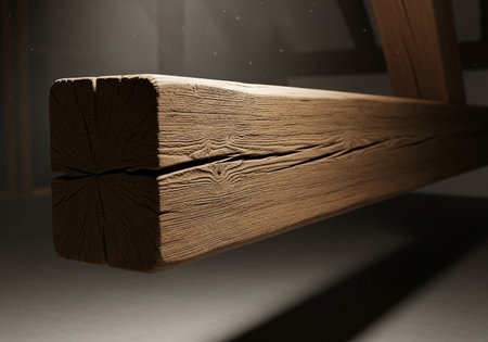 Wooden bench in a dark room, illuminated by the sun.の素材