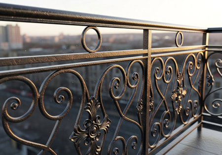iron railing on the background of the city. close-up.の素材