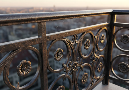 Metal railing on the roof of the house in the rays of the setting sunの素材