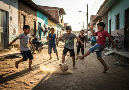 Unidentified children play soccer on the street.の素材