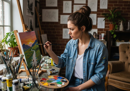 selective focus of young woman painting picture on canvas in art studioの素材