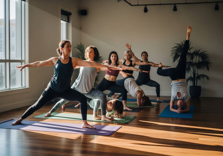 Group of people practicing yoga in the studio. Yoga class concept.の素材