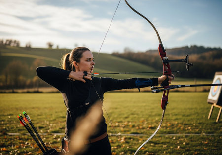 Beautiful girl archer with a bow and arrow in the fieldの素材