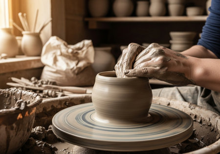 hands of a potter, creating an earthen jar on the circleの素材