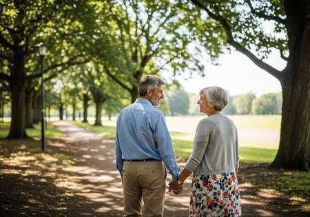 Senior couple holding hands while walking in park on a bright and sunny dayの素材