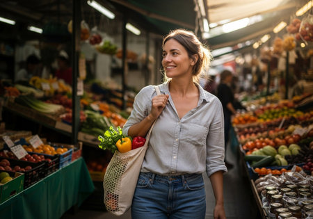 Portrait of smiling young woman holding shopping bag with vegetables at marketの素材
