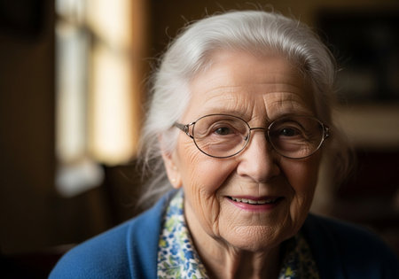 Portrait of smiling senior woman with eyeglasses looking at cameraの素材
