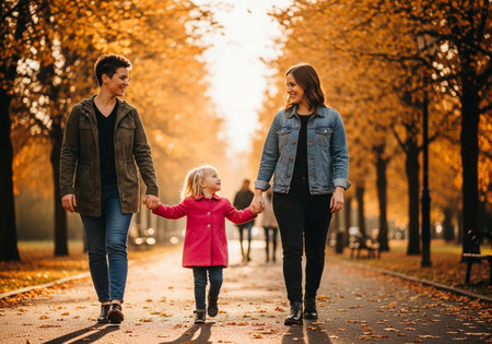 Happy family walking in the autumn park. Mother, father and daughter having fun together.の素材