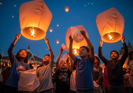 Unidentified people floating lanterns to celebrate Loy Krathong festival in Chiang Mai, Thailand.の素材