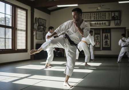 Tae Kwon Do student practicing in a kwon do schoolの素材
