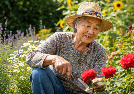 Senior asian woman gardening in the garden with flowers and sunflowerの素材