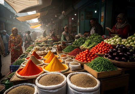 Colorful spices and vegetables on the street market in Kathmandu, Nepalの素材
