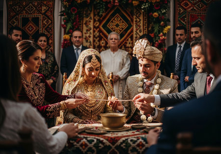 Indian wedding couple with bridesmaids and groomsmen.の素材