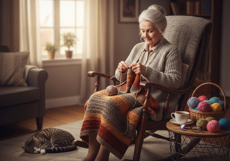 Senior woman knitting while sitting in rocking chair at home. Senior woman knitting at home.の素材