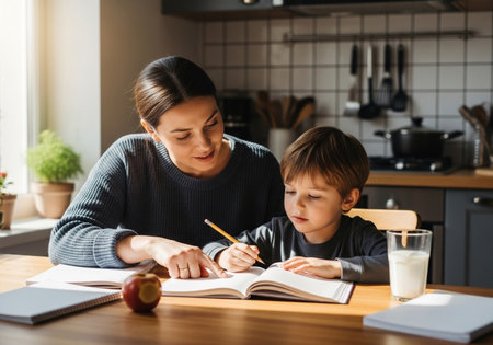 Image of a concentrated young mother and her son doing homework at home.の素材