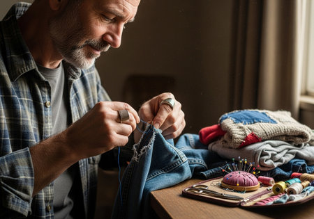Elderly man sews clothes from a fabric on the tableの素材