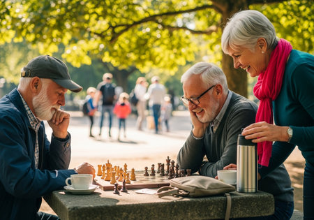 Group of senior friends playing chess in the park on a sunny dayの素材