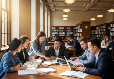 Group of students studying together in the university library. Education concept.の素材