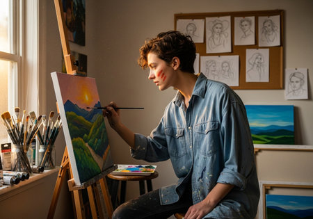 Young male artist painting picture on canvas in his studio. Portrait of a young artist.の素材