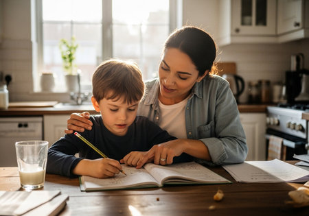 Portrait of a cute little boy doing homework with his mother at homeの素材