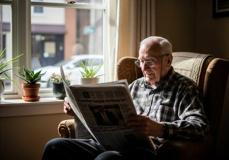 Elderly man reading newspaper while sitting in armchair at homeの素材