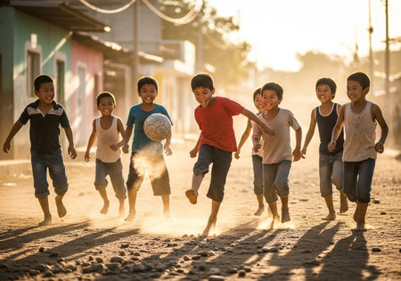 Group of children playing soccer on the beach in the morning. Children and sport concept.の素材