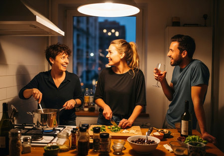 Group of friends cooking together in the kitchen at home. People having fun while preparing food.の素材