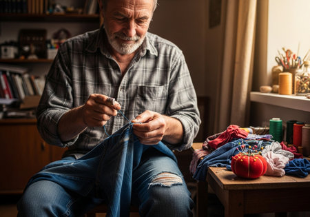 Senior man in his 40s is knitting a shirt at home.の素材