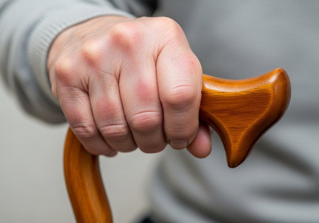 Close up of a man's hand holding a wooden walking stick.の素材