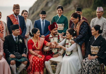 Wedding ceremony in the mountains. Bride and groom on their wedding dayの素材