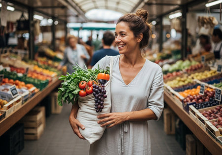 Portrait of a smiling woman holding a bag of fresh vegetables in the marketの素材