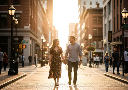 Young couple walking in the city at sunset. Man and woman walking in the city.の素材