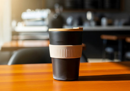 Black paper coffee cup on wooden table in coffee shop, stock photoの素材